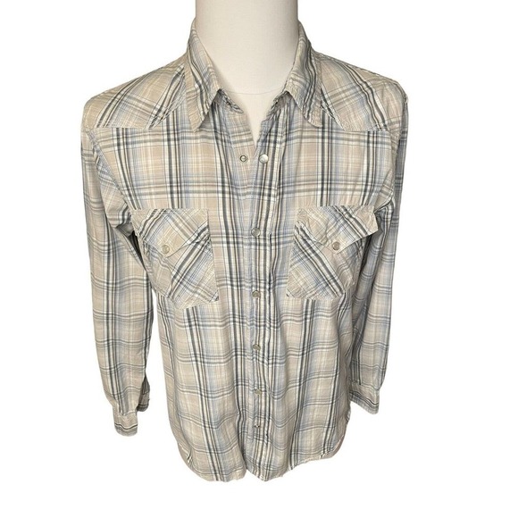 BKE Shirt Mens Pearl Snap Plaid Buckle Athletic Fit Western Tan Blue Large - Picture 9 of 10